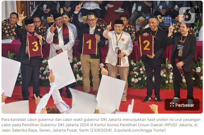 Survei: Jelang Pilkada Jakarta 2024, Ridwan Kamil-Suswono Unggul dari Pramono Anung-Rano Karno dan Dharma-Kun